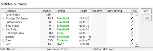 StyleWriter statitical summary